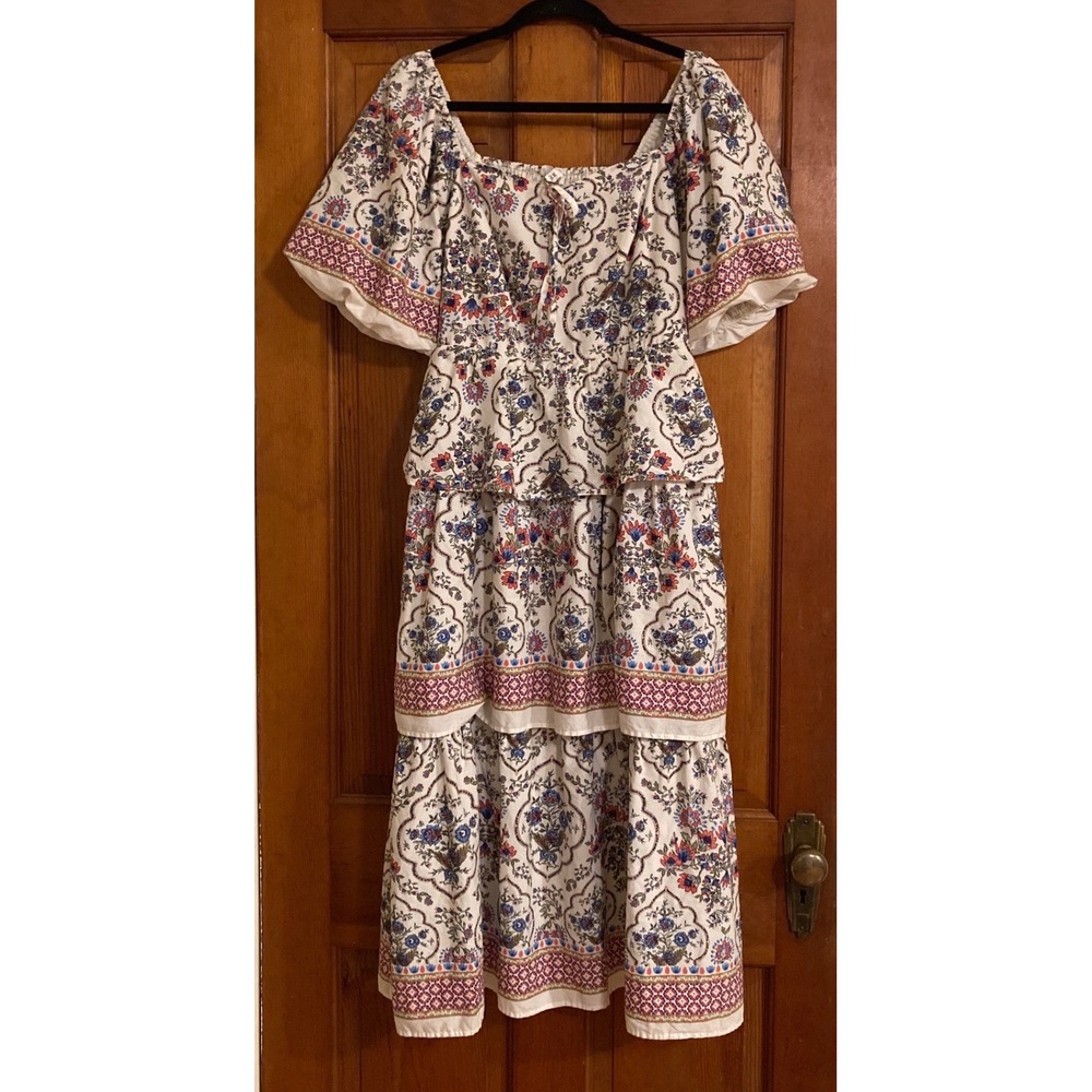 Merci Womens M Prairie Cottage Floral Paisley Smocked Tiered Midi Dress Boho